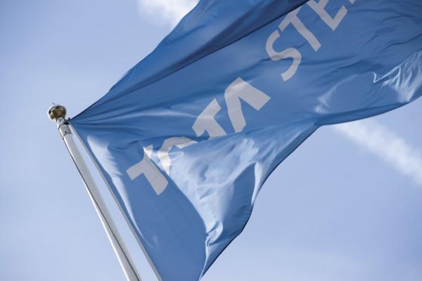 Waving flag with Tata Steel logo against, Stock Video