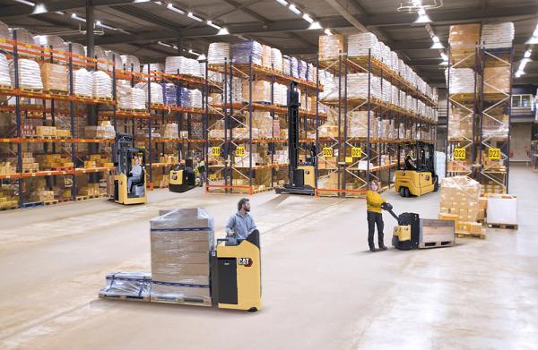 Cat lift trucks group photo in warehouse